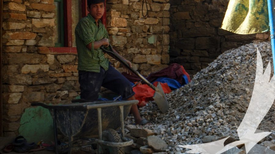 A-young-builder-working-with-newer-method-of-building-house-lodging-gravel-into-wheelbarrow-seen-during-Tamang-hertiage-circuit-trek