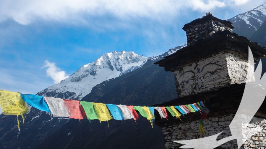 Chorten and Player flags are comman sights that reminds how religion is deeply ingrained in the higher plateaus of Nepal seen during Tsum Valley trek