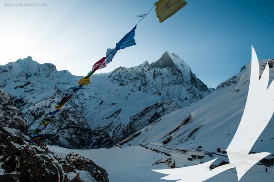 Prayer flags in Annapurna Base Camp with Machapucchare peak seen in background - Annapurna Base Camp